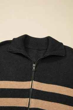 Discount Dear-Lover Collared Quarter Zipper Oversized Sweater Black Stripe
