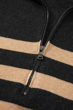 Discount Dear-Lover Collared Quarter Zipper Oversized Sweater Black Stripe