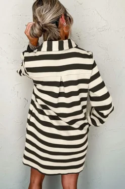 Outlet Dear-Lover Collared V Neck Long Sleeve Loose Casual Dress Black Stripe