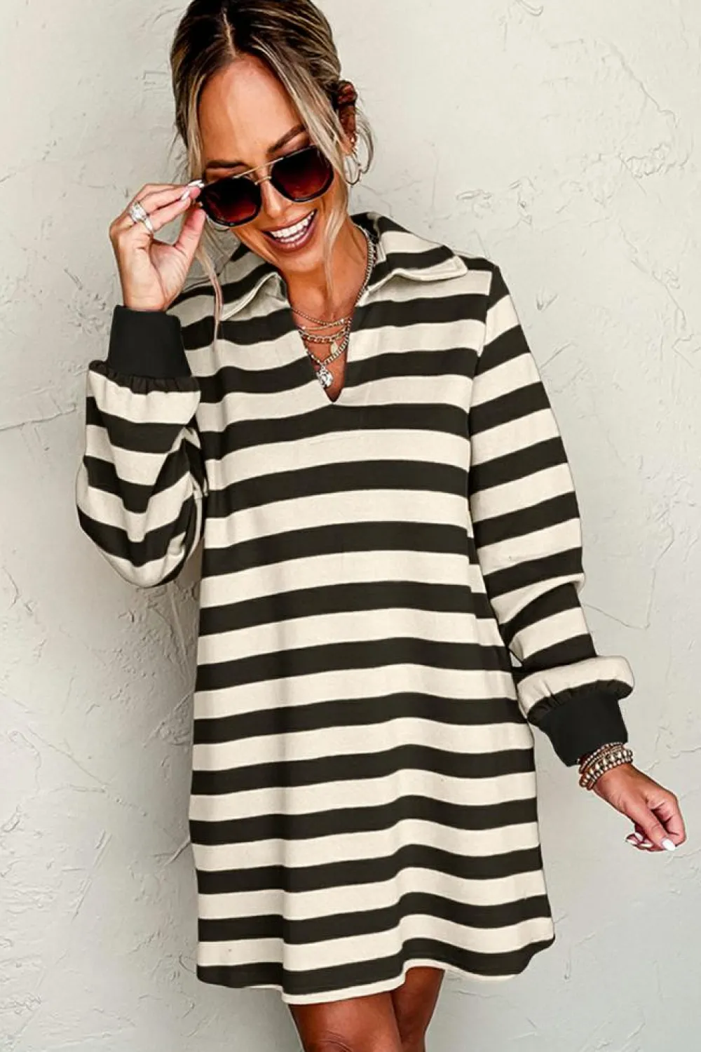 Outlet Dear-Lover Collared V Neck Long Sleeve Loose Casual Dress Black Stripe