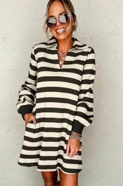 Outlet Dear-Lover Collared V Neck Long Sleeve Loose Casual Dress Black Stripe