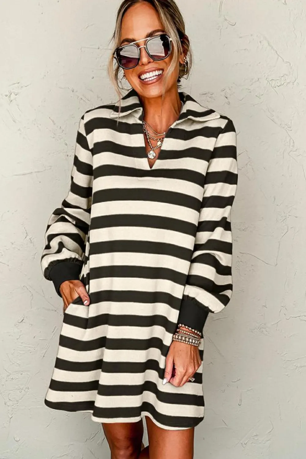 Outlet Dear-Lover Collared V Neck Long Sleeve Loose Casual Dress Black Stripe