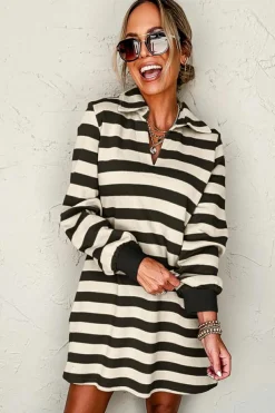 Outlet Dear-Lover Collared V Neck Long Sleeve Loose Casual Dress Black Stripe