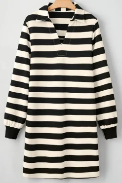 Outlet Dear-Lover Collared V Neck Long Sleeve Loose Casual Dress Black Stripe