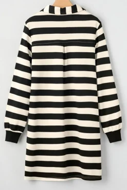 Outlet Dear-Lover Collared V Neck Long Sleeve Loose Casual Dress Black Stripe