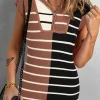 Sale Dear-Lover Color Block Quarter Zip Collar Short Sleeve Sweater Dress Black Stripe