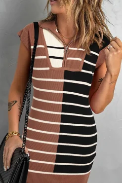 Sale Dear-Lover Color Block Quarter Zip Collar Short Sleeve Sweater Dress Black Stripe