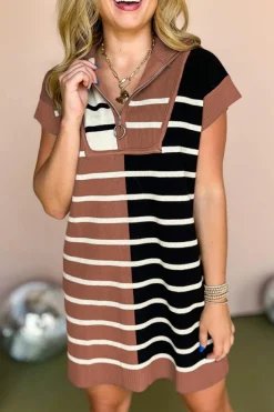 Sale Dear-Lover Color Block Quarter Zip Collar Short Sleeve Sweater Dress Black Stripe