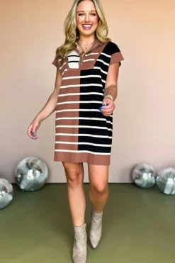 Sale Dear-Lover Color Block Quarter Zip Collar Short Sleeve Sweater Dress Black Stripe