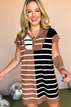 Sale Dear-Lover Color Block Quarter Zip Collar Short Sleeve Sweater Dress Black Stripe
