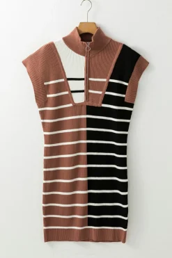 Sale Dear-Lover Color Block Quarter Zip Collar Short Sleeve Sweater Dress Black Stripe