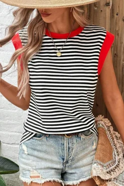 Outlet Dear-Lover Colorblock Edge Round Neck Tank Top Black Stripe