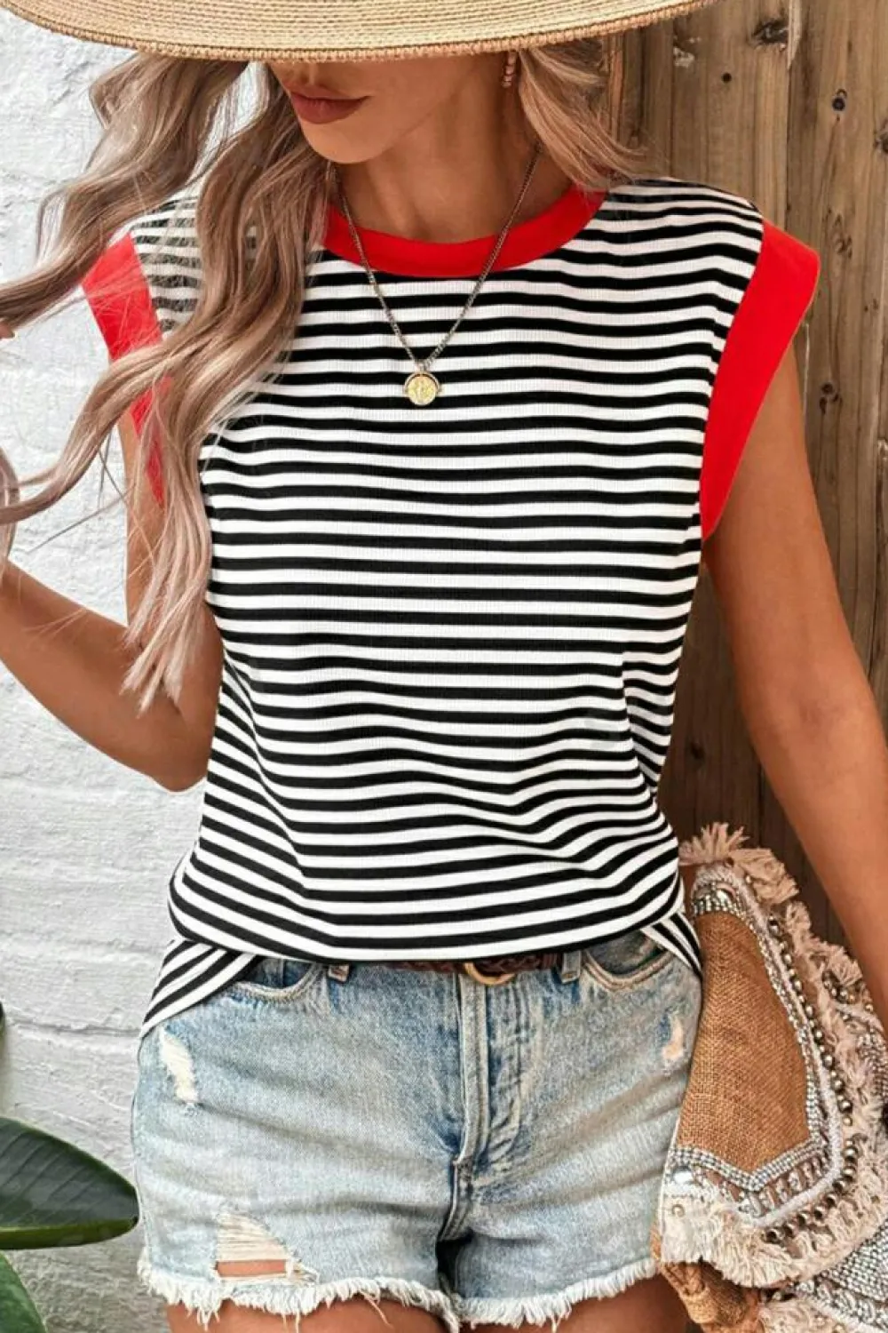 Outlet Dear-Lover Colorblock Edge Round Neck Tank Top Black Stripe