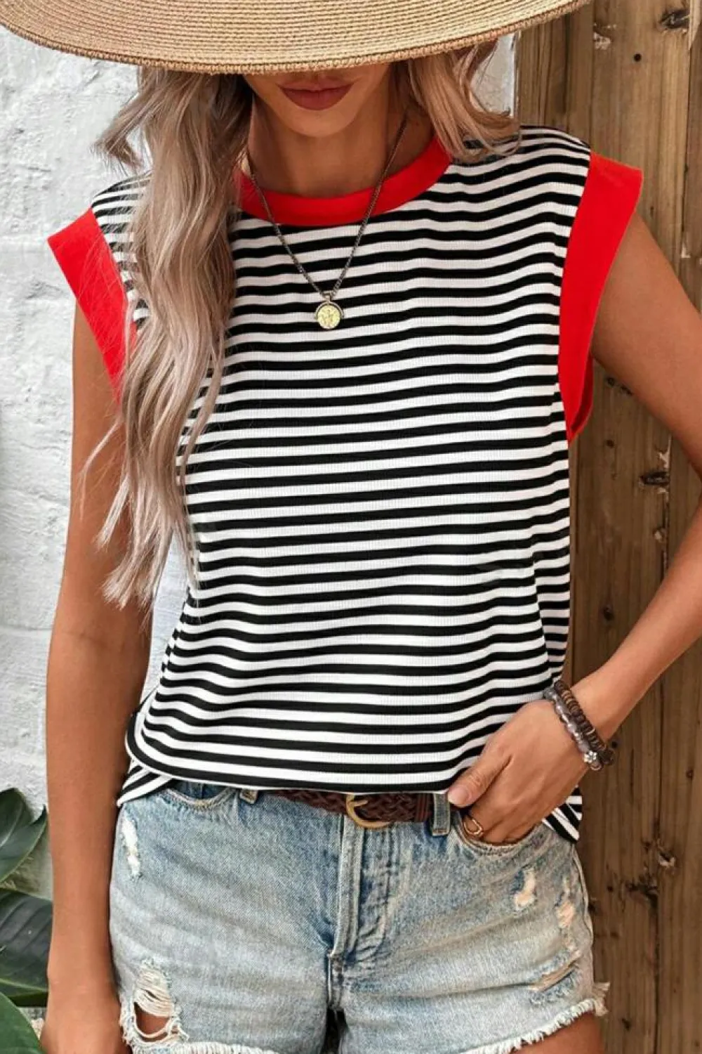 Outlet Dear-Lover Colorblock Edge Round Neck Tank Top Black Stripe