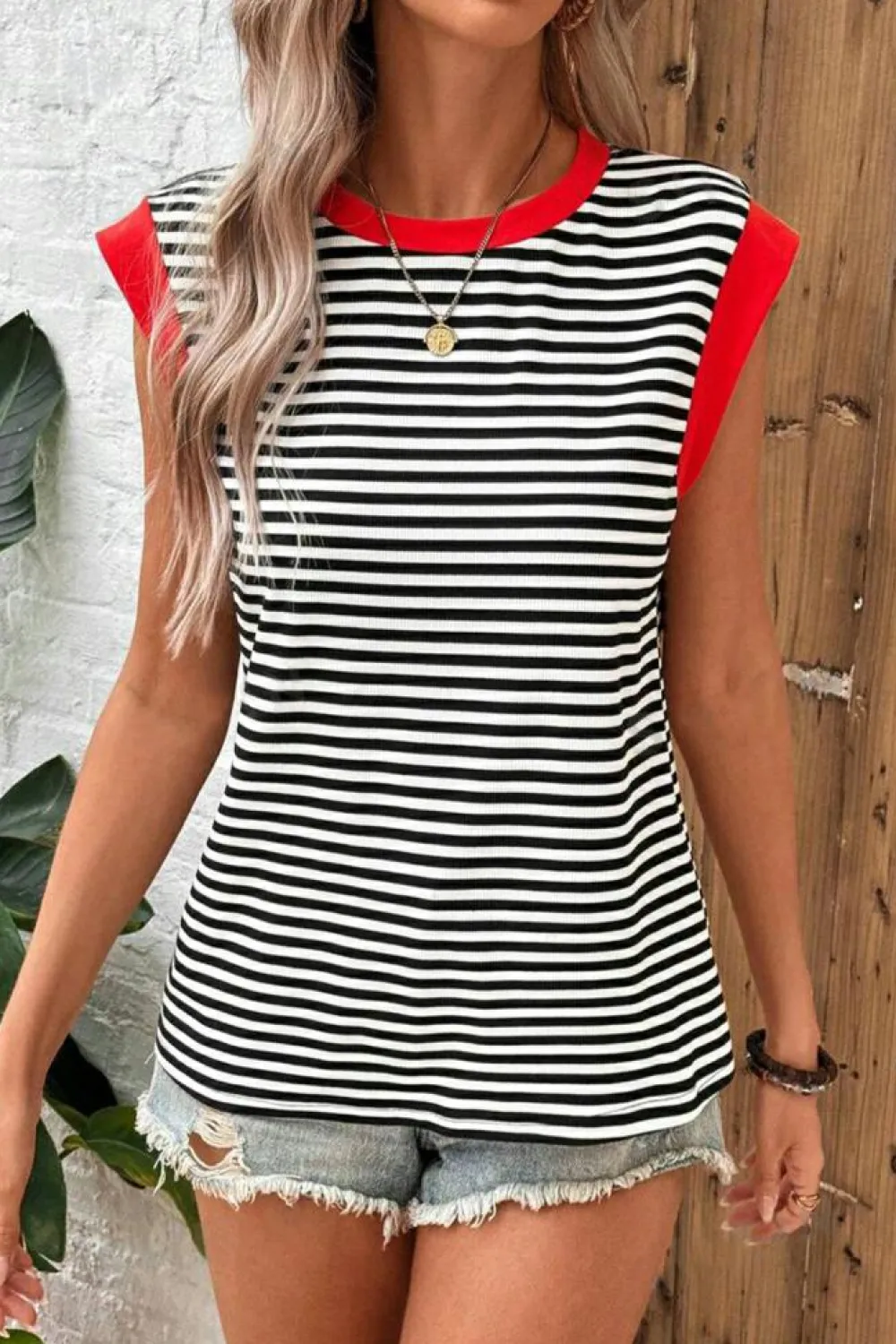 Outlet Dear-Lover Colorblock Edge Round Neck Tank Top Black Stripe
