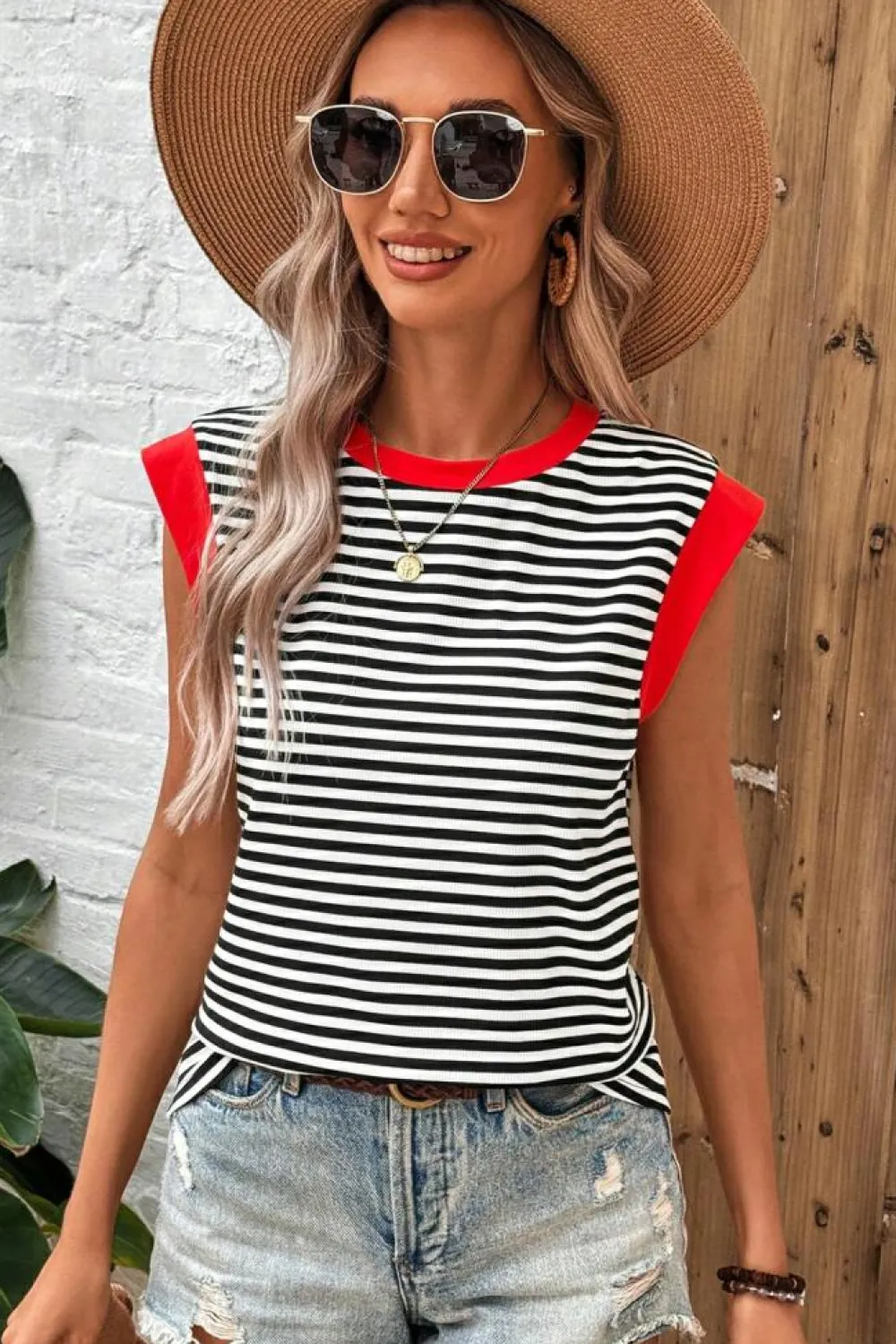 Outlet Dear-Lover Colorblock Edge Round Neck Tank Top Black Stripe
