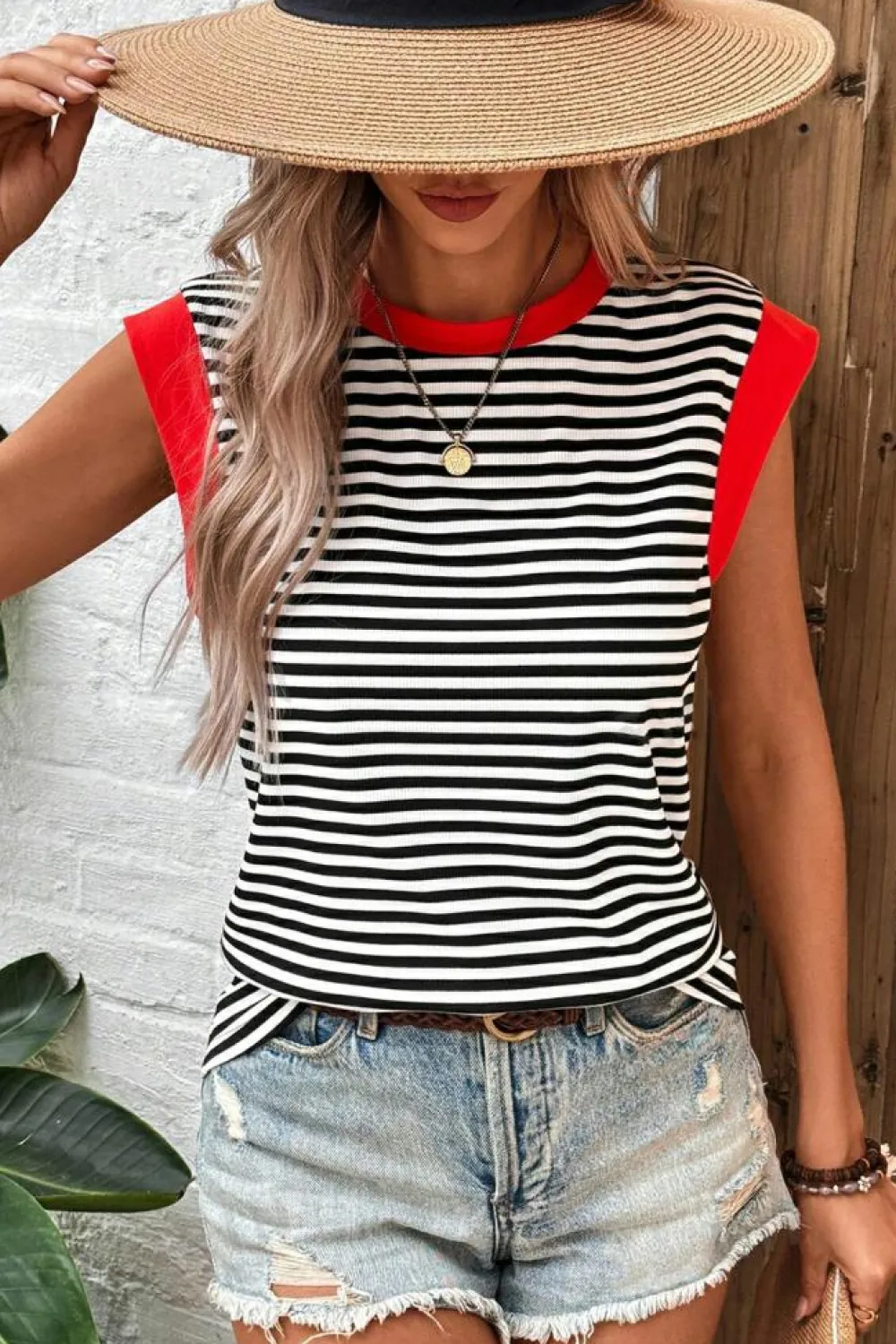 Outlet Dear-Lover Colorblock Edge Round Neck Tank Top Black Stripe