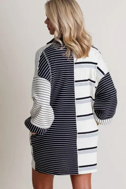 Outlet Dear-Lover Colorblock Knit Henley Collar Shift Long Sleeve Mini Dress Black Stripe