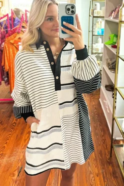 Outlet Dear-Lover Colorblock Knit Henley Collar Shift Long Sleeve Mini Dress Black Stripe