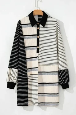 Outlet Dear-Lover Colorblock Knit Henley Collar Shift Long Sleeve Mini Dress Black Stripe