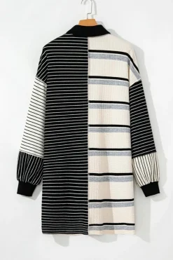 Outlet Dear-Lover Colorblock Knit Henley Collar Shift Long Sleeve Mini Dress Black Stripe