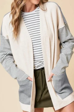 Discount Dear-Lover Colorblock Patchwork Open Front Cardigan with Pocket Black Stripe