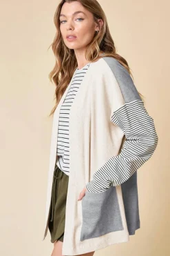 Discount Dear-Lover Colorblock Patchwork Open Front Cardigan with Pocket Black Stripe