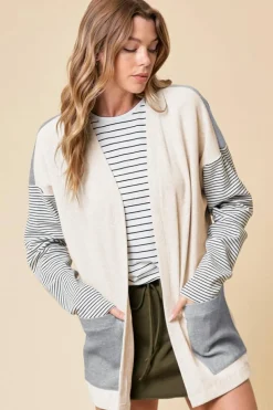 Discount Dear-Lover Colorblock Patchwork Open Front Cardigan with Pocket Black Stripe
