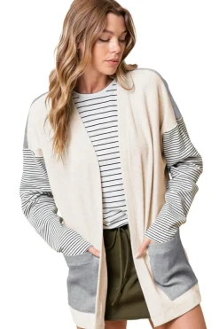 Discount Dear-Lover Colorblock Patchwork Open Front Cardigan with Pocket Black Stripe