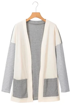 Discount Dear-Lover Colorblock Patchwork Open Front Cardigan with Pocket Black Stripe