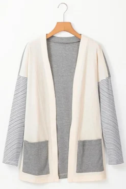 Discount Dear-Lover Colorblock Patchwork Open Front Cardigan with Pocket Black Stripe