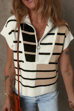 Discount Dear-Lover Colorblock Quarter Zip Collar Sweater Vest Black Stripe