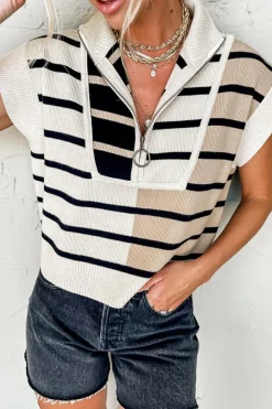 Discount Dear-Lover Colorblock Quarter Zip Collar Sweater Vest Black Stripe