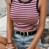Sale Dear-Lover Contrast Round Neck Sleeveless Slim Top Black Stripe