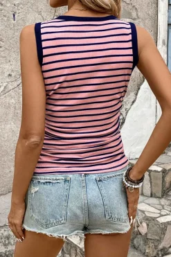 Sale Dear-Lover Contrast Round Neck Sleeveless Slim Top Black Stripe