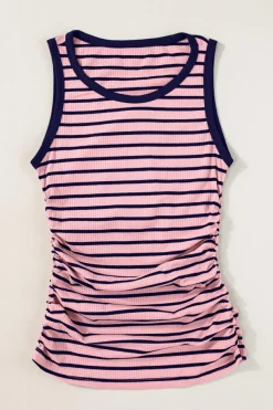 Sale Dear-Lover Contrast Round Neck Sleeveless Slim Top Black Stripe