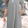 Fashion Dear-Lover Contrast V Neck Collared Puff Sleeve T Shirt Mini Dress with Pockets Black Stripe