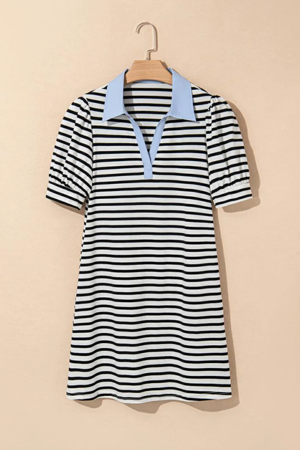 Fashion Dear-Lover Contrast V Neck Collared Puff Sleeve T Shirt Mini Dress with Pockets Black Stripe