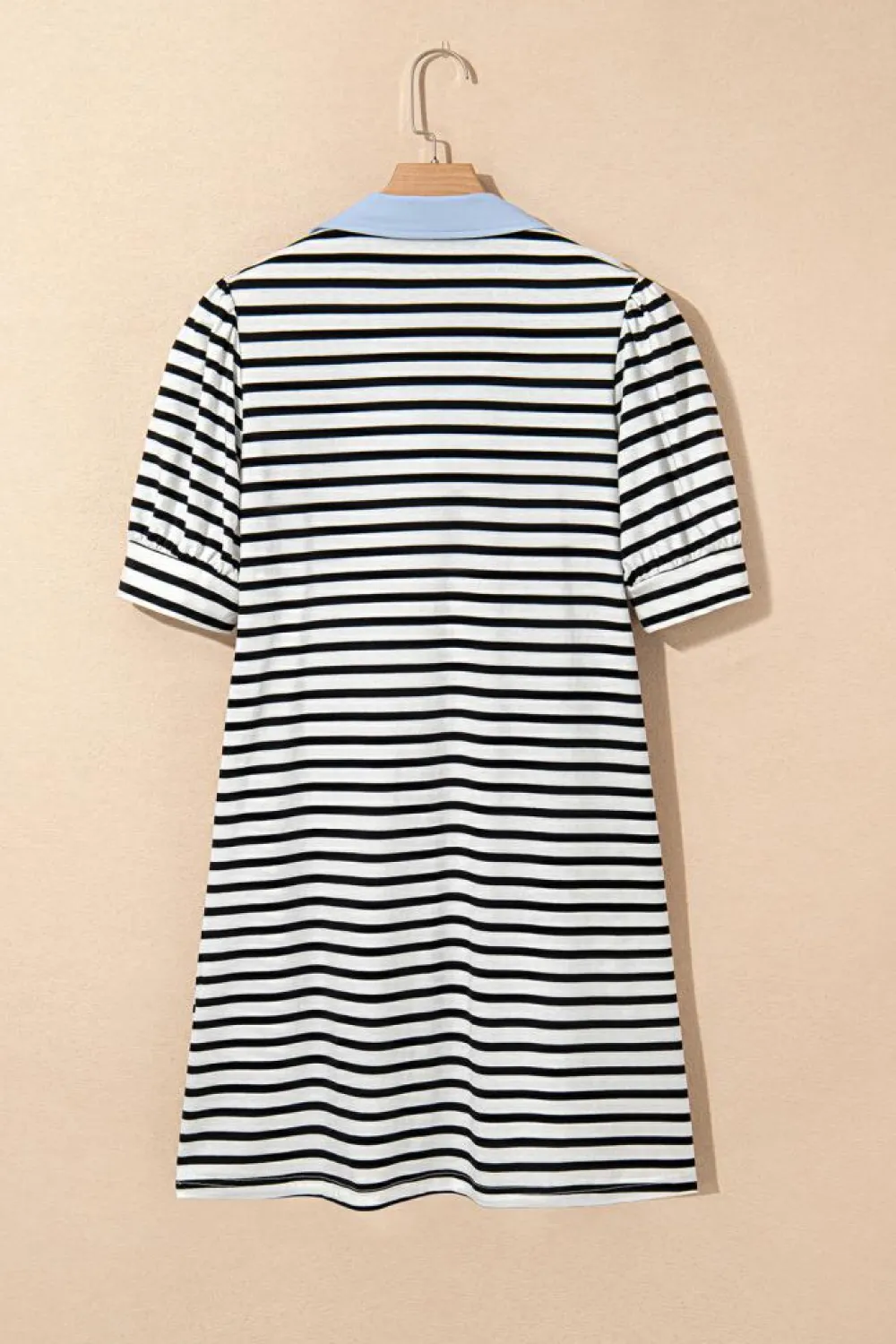 Fashion Dear-Lover Contrast V Neck Collared Puff Sleeve T Shirt Mini Dress with Pockets Black Stripe