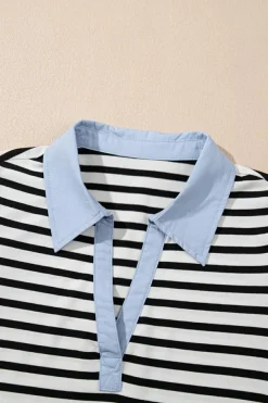 Fashion Dear-Lover Contrast V Neck Collared Puff Sleeve T Shirt Mini Dress with Pockets Black Stripe