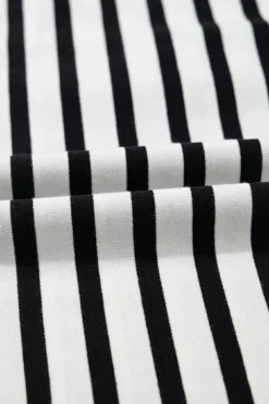Fashion Dear-Lover Contrast V Neck Collared Puff Sleeve T Shirt Mini Dress with Pockets Black Stripe