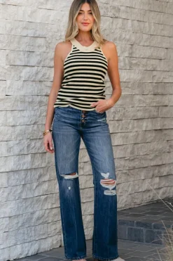 Discount Dear-Lover Crew Neck Slim Fit Sweater Vest Black Stripe