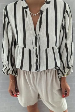 New Dear-Lover Crinckled Ruffled Sleeve Button up Loose Shirt Black Stripe