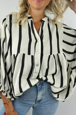New Dear-Lover Crinckled Ruffled Sleeve Button up Loose Shirt Black Stripe