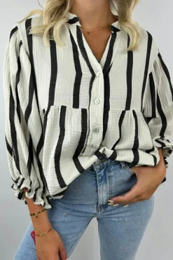 New Dear-Lover Crinckled Ruffled Sleeve Button up Loose Shirt Black Stripe