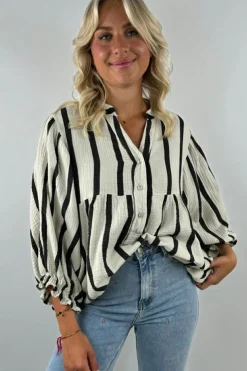 New Dear-Lover Crinckled Ruffled Sleeve Button up Loose Shirt Black Stripe