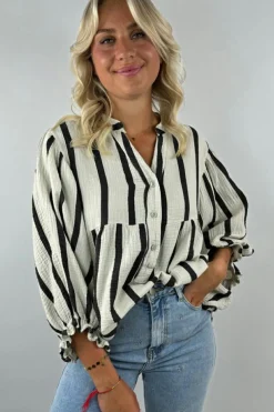 New Dear-Lover Crinckled Ruffled Sleeve Button up Loose Shirt Black Stripe