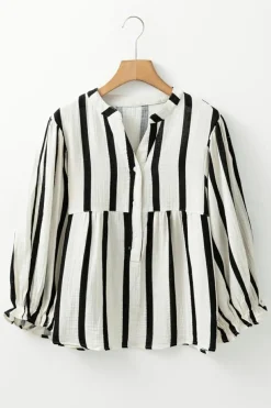 New Dear-Lover Crinckled Ruffled Sleeve Button up Loose Shirt Black Stripe