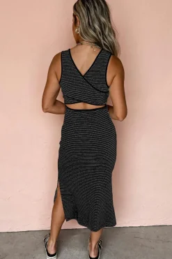 Best Dear-Lover Criss Cross Side Slits Slim Fit Sleeveless Midi Dress Black Stripe