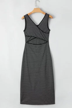 Best Dear-Lover Criss Cross Side Slits Slim Fit Sleeveless Midi Dress Black Stripe